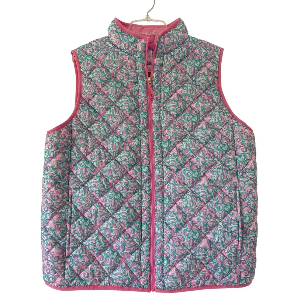 Steff Parker Collection Large Quilted Full Zip Vest Pockets Pink White & Green